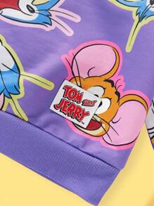 TOM & JERRY X SHEIN 年轻女孩卡通印花休闲可爱圆领运动衫 - 紫色 - 查看 3