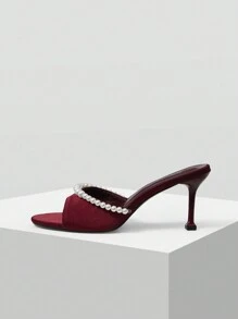 MOTF PREMIUM WOMEN'S FASHION FAUX PEARL BEADED HIGH HEEL SANDALS, SPRING SHOES, SPRING BREAK EASTER PROM HEELS - Burgundy - View 2