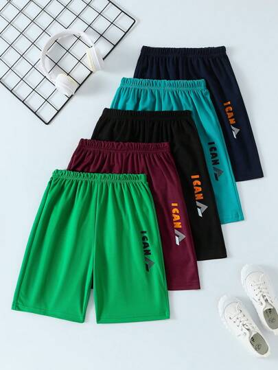 SHEIN Sparklyn 5 件装 Tween Boy 休闲字母印花舒适运动短裤，夏季