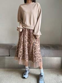 DAZY Leopard Print Mesh Patchwork Loose Mid-Length Dress For Women Cheetah Print,Fall Clothes