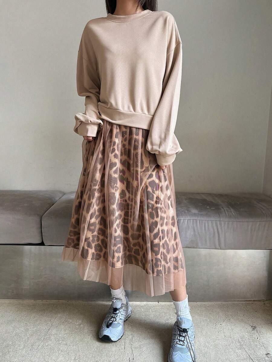 DAZY Leopard Print Mesh Patchwork Loose Mid-Length Dress For Women Cheetah Print,Fall Clothes