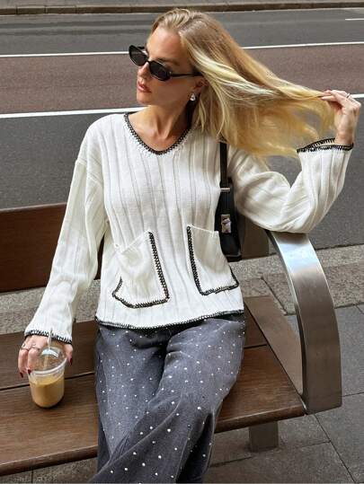 Forever 21 Áo len nữ Thu Đông màu trắng và đen/Áo len Giáng sinh/Thanh lịch/Áo len dài tay/Áo len mùa hè/Ngày lễ/Lễ Tạ ơn/Thanh lịch/Đêm giao thừa/Thoải mái/Cơ bản/Áo len cổ chữ V màu trắng