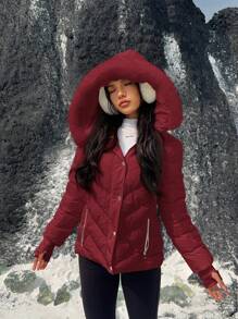 SHEIN EZwear Abrigo de invierno para mujer con capucha de pelo, cintura ajustada y bolsillos - Burdeos - Ver 5