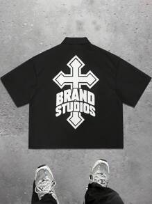 SHEIN Coolqubz 青少年男孩配套家庭装 - 宽松轻质超大十字图案印花黑色拉链短袖衬衫，休闲百搭 - 黑色 - 查看 2