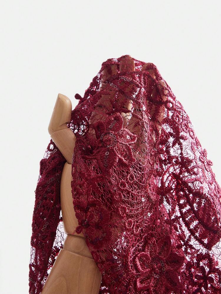 Women's Burgundy V-Neck Long Sleeve Midi Dress, Vintage Floral Embroidered Details, Elegant Party Wear, Autumn/Winter Lace Women Outfit