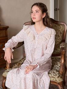 少女碎花长袖睡衣，简约粉色 - 粉色 - 查看 6