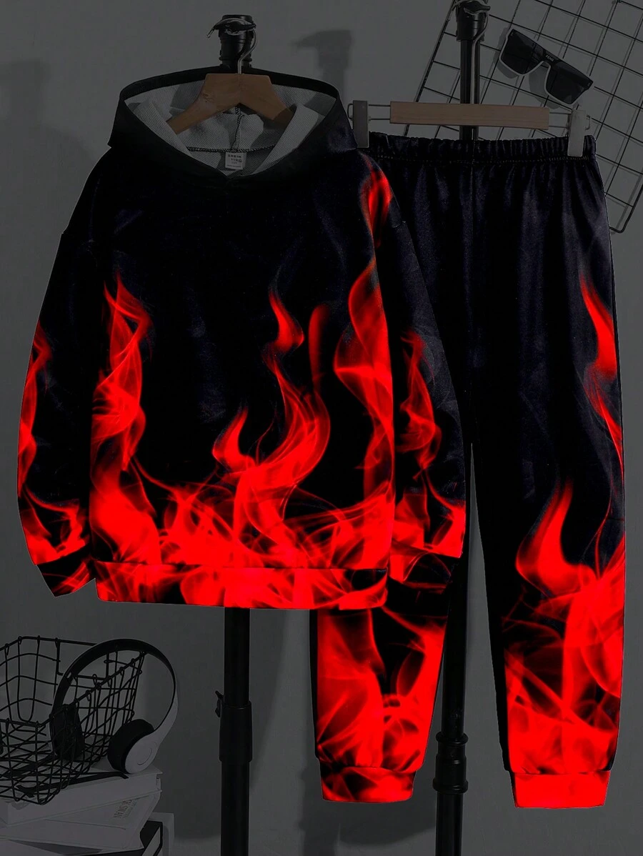 SHEIN 2pcs Tween Boy Casual Streetwear Glow In The Dark Hoodie And Pants Set, Fashionable For Commute, Schooling, Daily Casual, Sports, Suitable For Autumn/Winter - Red - View 1