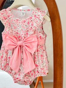 SHEIN LMoss Kids LMoss 新生女婴可爱碎花蝴蝶结连体衣，夏季款 - 粉色 - 查看 3