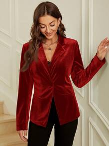 SHEIN Clasi 女式纯色翻领长袖优雅西装外套，秋季 - 紅色 - 查看 3