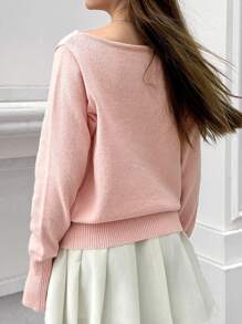 Jouncy Suéter holgado y casual de unicolor con hombro oblicuo y manga larga para mujer, apto para otoño/invierno