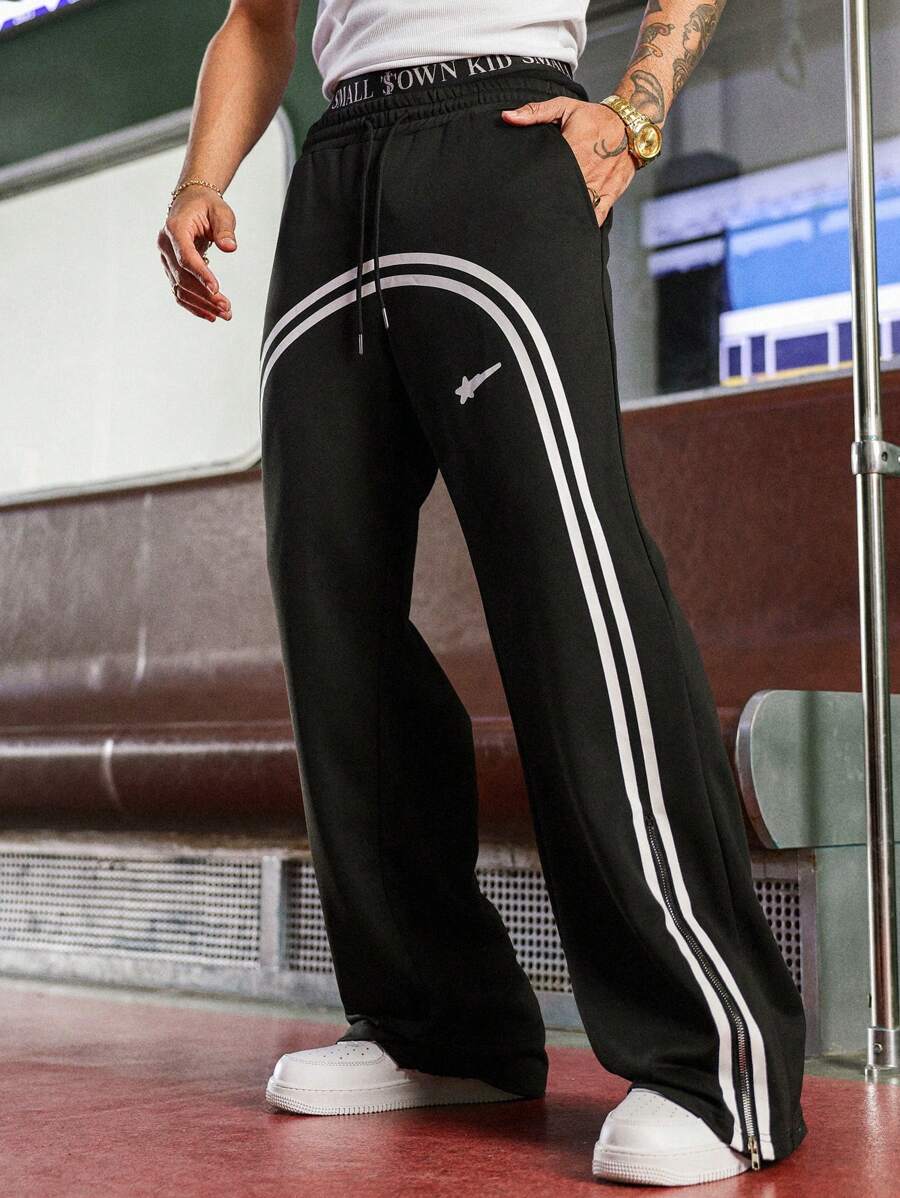 PAVTROS 男士拼布前抽绳口袋休闲运动裤，男士抽绳腰部印花阔腿时尚运动裤，拉链设计男士黑色运动裤男士运动裤黑色图案运动裤健身运动裤带侧条纹，嘻哈街头，男朋友礼物，男士街头服饰