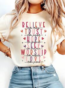 INAWLY Vintage Christian Valentine's Day T-Shirt, Religious Faith, Trust, Hope And Worship, Biblical Verse, Women Casual Short Sleeve Round Neck Top - Apricot - View 1
