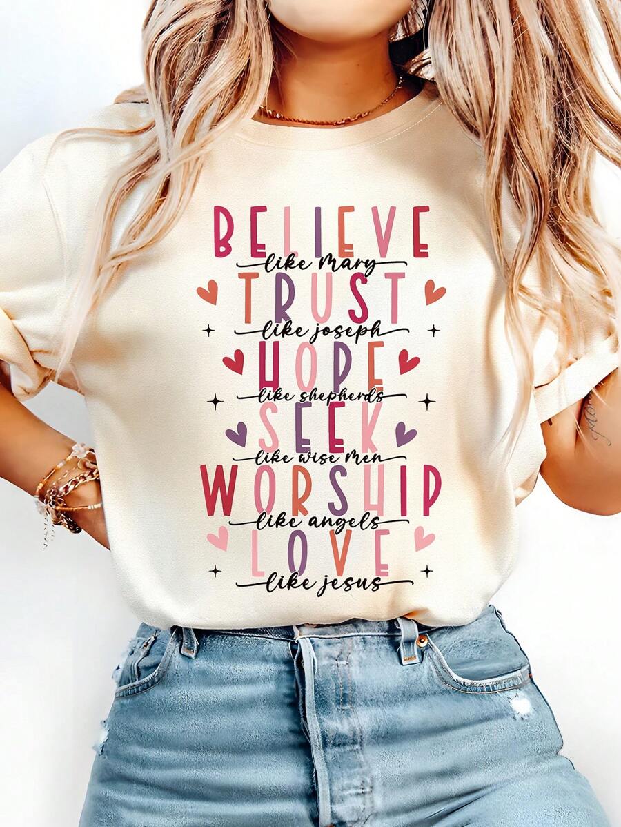 INAWLY Vintage Christian Valentine's Day T-Shirt, Religious Faith, Trust, Hope And Worship, Biblical Verse, Women Casual Short Sleeve Round Neck Top - Apricot - View 1