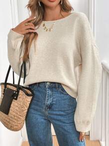 SHEIN Frenchy Suéter de manga larga minimalista con decoración de lazo para mujer, atuendo de invierno de uso casual diario, suéter con lentejuelas, suéter de estilo de fiesta, suéter cálido, nuevo suéter de año con lazo trasero, suéter navideño para mujeres, suéteres con lazo de invierno - Beis - Ver 6