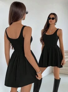 Siren Gaze Đầm mini không tay màu đen thanh lịch, thắt eo, màu trơn dành cho nữ - màu đen - Xem 2