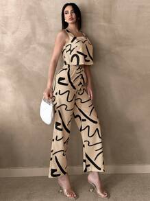 SHEIN Frenchy 2pcs/Set Women's Casual Line Pattern Square Neck Camisole Top And Pants Set Brown Summer - Khaki - View 5