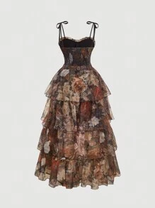 SHEIN MOD 大码复古全身花卉印花华丽二合一连衣裙，配有可拆卸多条裙子 - 宫廷风格、生日礼服、巡游礼服、堆叠礼服、万圣节礼服，适合夏季 - 橘色 - 查看 2