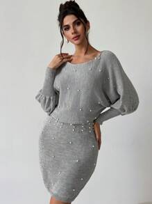 Firerie Women Elegant Gray Autumn Faux Pearl Sweater Dress,Batwing Sleeve Winter Clothes For Christmas Party,Business Commuting New Years Outfit,Brunch Dress - Light Grey - View 1