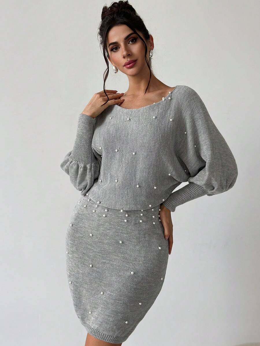 Firerie Women Elegant Gray Autumn Faux Pearl Sweater Dress,Batwing Sleeve Winter Clothes For Christmas Party,Business Commuting New Years Outfit,Brunch Dress - Light Grey - View 1
