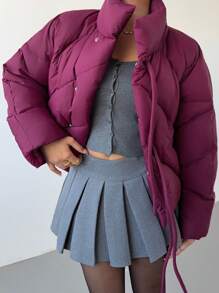 Aloruh Women's Solid Color Front Tie Long Sleeve Pocket Casual Winter Jacket - Burgundy - View 6