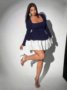 Viva Relle 大码女式荷叶边拼色连衣裙 - 藏蓝色 - 查看 3