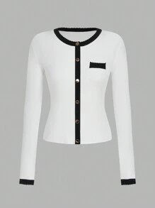 Maija 女士撞色针织衬衫，舒适合身的休闲办公服装，现代优雅的设计，长袖，适合所有季节节日 - 黑與白 - 查看 6