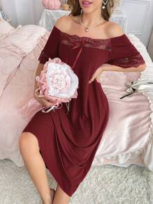 Côtesoire Women's Ruffle Lace Loose Nightgown, Simple & Fashionable For Everyday Casual Wear - Burgundy - View 6