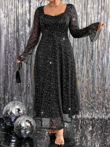 SHEIN Unity Plus Size Women's Elegant Black & Silver Flare Sleeve Metallic Fabric Fitted Long Evening Gown Dress For Party