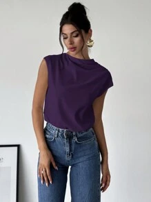 Firerie 女士优雅简约商务办公室漏斗领不对称肩部褶皱修身衬衫 - 紫色 - 查看 3