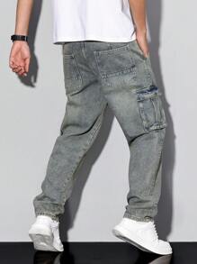 Manfinity Homme Pantalones cargo de mezclilla casual lavados para hombre - Azul - Ver 3