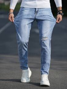 Manfinity Homme Men's Simple Ripped Pocket Denim Jeans, Casual Daily Wear - Blue - View 7