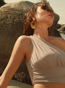 Anewsta Women's Solid Color One-Shoulder Sleeveless Ruched Tankini Set, Suitable For Beach Holiday, For Summer Vacation - Khaki - View 2