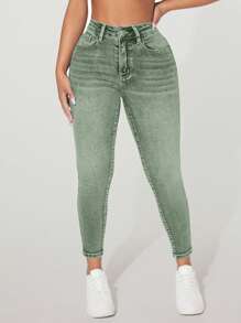 SHEIN PETITE Casual Distressed Vintage Slim Fit Denim Pants - Army Green - View 3