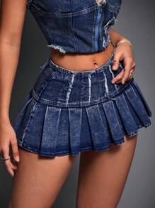 SHEIN ICON 女士休闲牛仔 A 字裙，简约时尚，适合日常穿着 - 深色水洗藍 - 查看 2