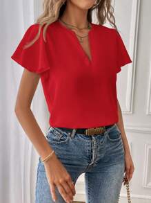 SHEIN Essnce Women's Casual Commute Solid Color V-Neck Ruffle Sleeve Blouse - Red - View 6