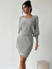 Firerie Women Elegant Gray Autumn Faux Pearl Sweater Dress,Batwing Sleeve Winter Clothes For Christmas Party,Business Commuting New Years Outfit,Brunch Dress - Light Grey - View 4