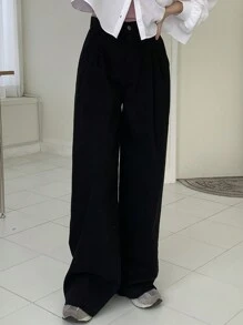 DAZY Pantalon noir ample femme, couleur unie, style casual chic, pour toute l'année - Noir - Voir 7