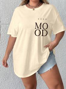 INAWLY 大码字母印花落肩 T 恤图案 T 恤女式上衣 - 杏色 - 查看 1