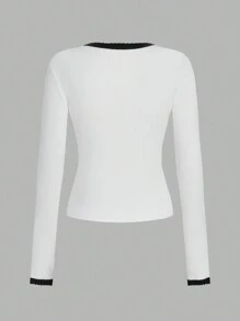 Maija 女士撞色针织衬衫，舒适合身的休闲办公服装，现代优雅的设计，长袖，适合所有季节节日 - 黑與白 - 查看 7