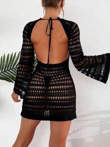 Elenzga 女士纯色圆领长袖镂空简约短裙和罩衫 - 黑色 - 查看 2