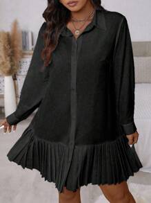 SHEIN Clasi Plus Size Front Buttoned Long Sleeve Pleated Minimalist Casual Short Dress