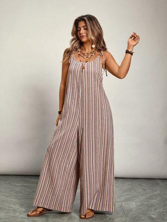 Freevana Plus Size Women's Pocketed Wide Leg Loose Casual Striped Jumpsuit