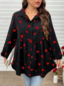 SHEIN LUNE Plus Size Women's Heart Doll Shirt Lantern Sleeve Wrinkle Concealing Slim Fit Shirt Heart Valentine Rose Curve Valentines Clothes Boho Cowgirl Old Money Festival Bohemian Western Wear Women Hippie Summer Boho Old Money/Valentine's Day