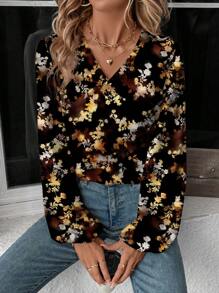 EMERY ROSE Casual Minimalist Women's V-Neck Leaf Pattern Asymmetrical Hem Long Sleeve Shirt, Suitable For Autumn & Winter