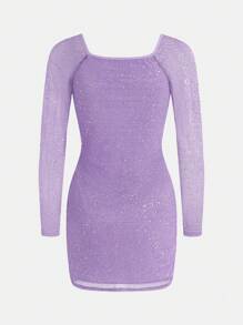 SHEIN 2024 青少年女孩秋冬派对亮片长袖紧身连衣裙，适合返校 - 紫色 - 查看 2