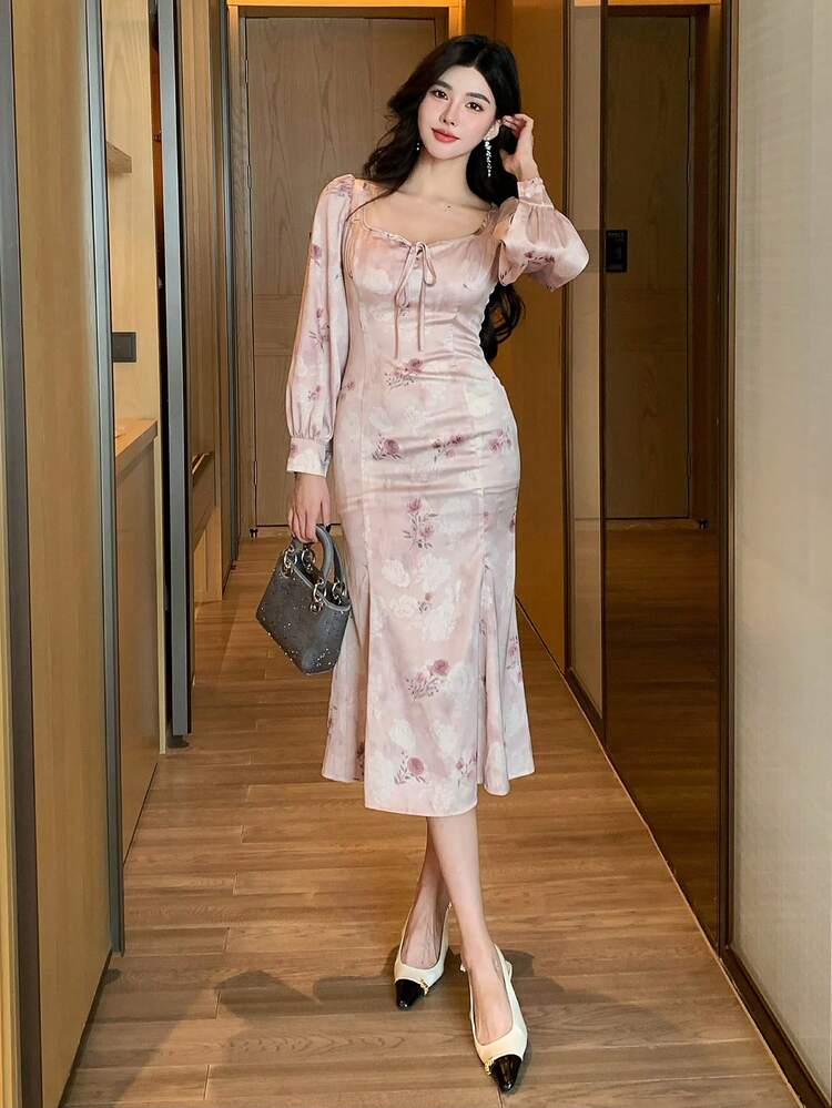 Women's Ditsy Floral Square Neck Long Sleeve Mermaid Dress, Spring & Fall, Suitable For Valentine's Day,Milkmaid Dress Maxi Dress