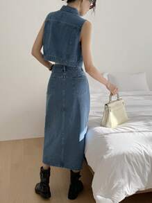 DAZY Women's Denim 2 Pieces Set: Sleeveless Top & Skirt - Blue - View 4