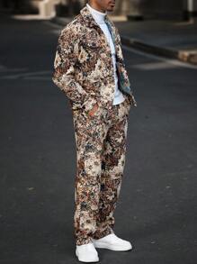 Manfinity Homme 男士成熟休闲 INS 印象派花卉纹理提花夹克和裤子套装。男士两件套服装，男士服装，前胸热销织标装饰