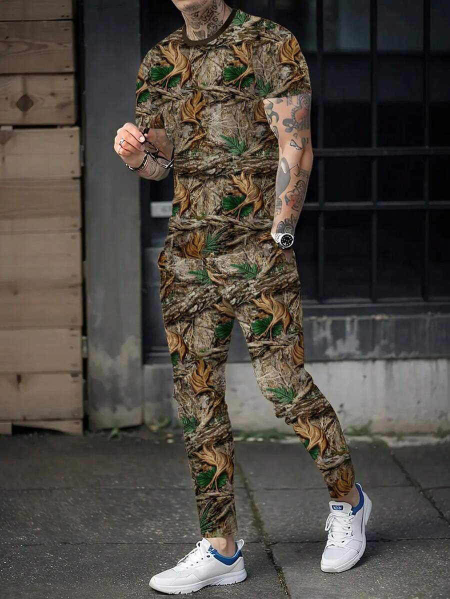 SHEIN Manfinity Dauomo 2pcs/Set Men's Branch Print Short Sleeve T-Shirt And Pants Set - Multicolor - View 1