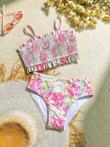 SHEIN Tween Girl Floral Print Vacation Beach Swimwear Set - Multicolor - View 1